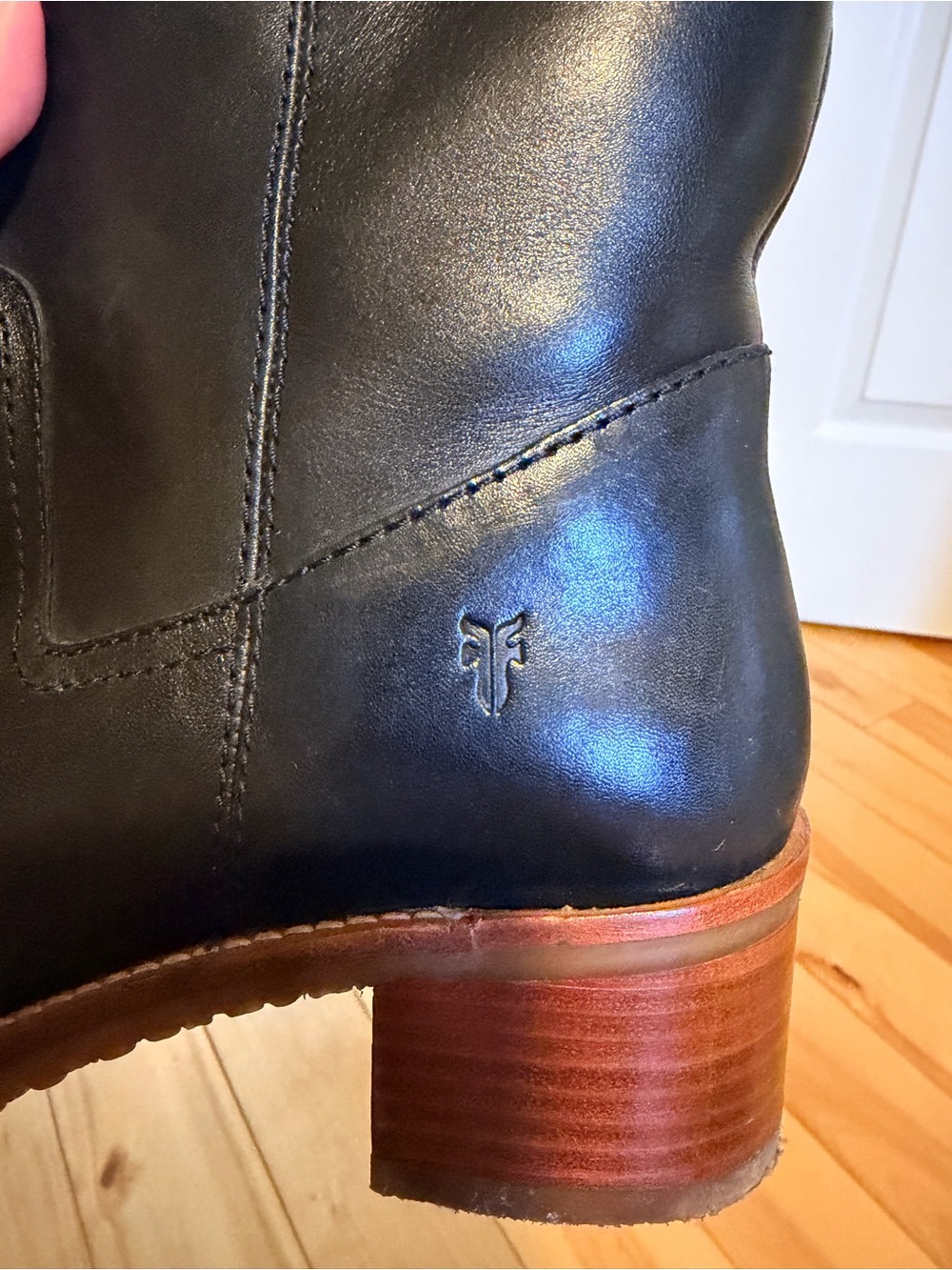 FRYE AND CO. Black Leather Ankle Boot with Stacked Brown Heel